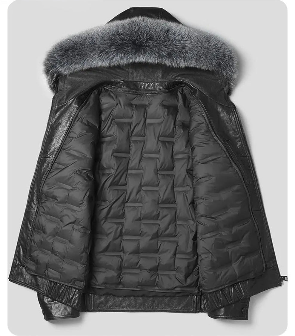 Onyx cowhide coat laid open at the front, showing interior construction and attachment points for lining. — From Borcelleclothes.