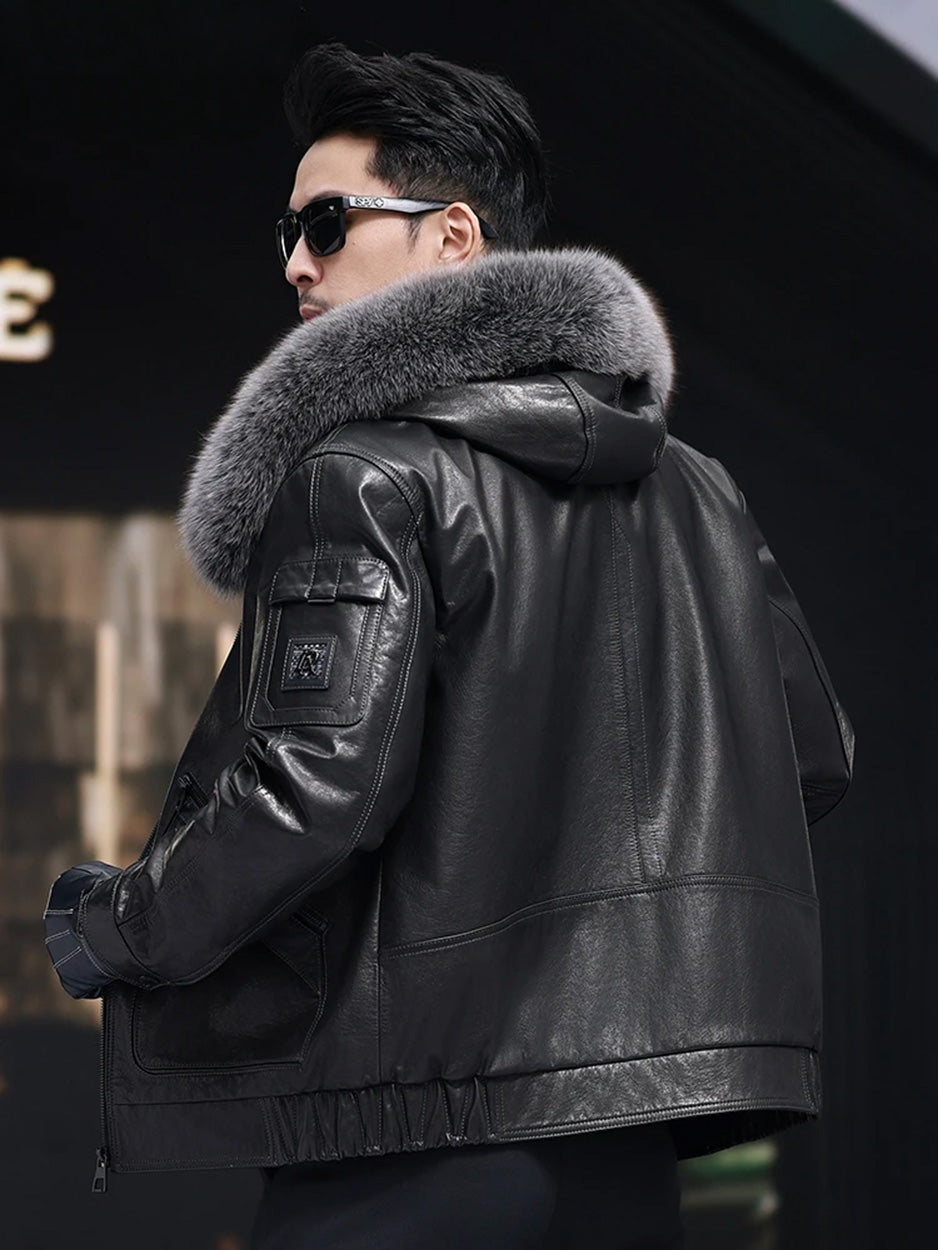 Back view of unzipped Onyx cowhide coat showing hood, back seams, and elasticized side hem. — From Borcelleclothes.