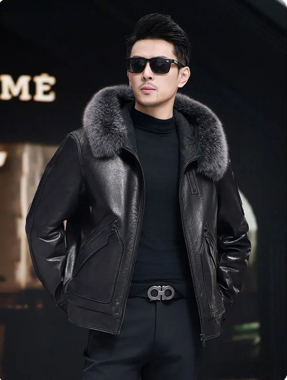 Unzipped cowhide coat in Onyx, model with both hands behind back, highlighting relaxed straight silhouette. — From Borcelleclothes.