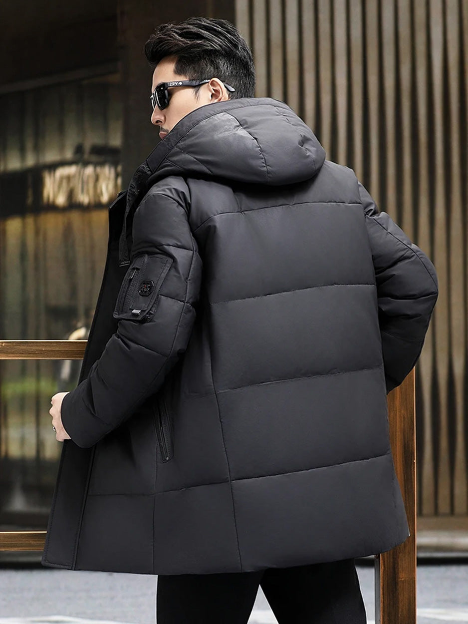 Back view, hood with integrated belt visible, matte leather surface — From Borcelleclothes.