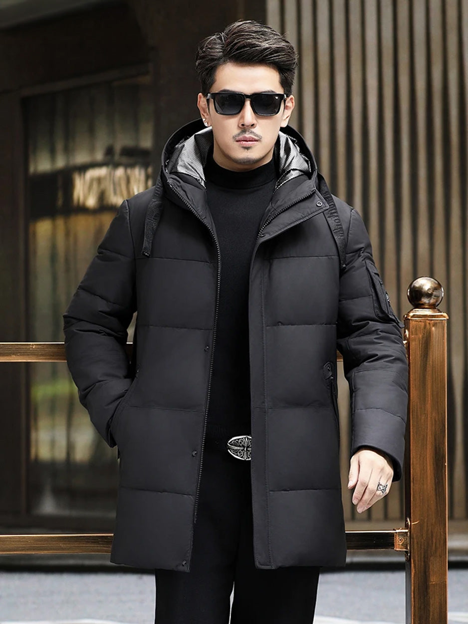 Model in motion wearing the men’s Abyss cowhide down coat, mid-thigh length — From Borcelleclothes.