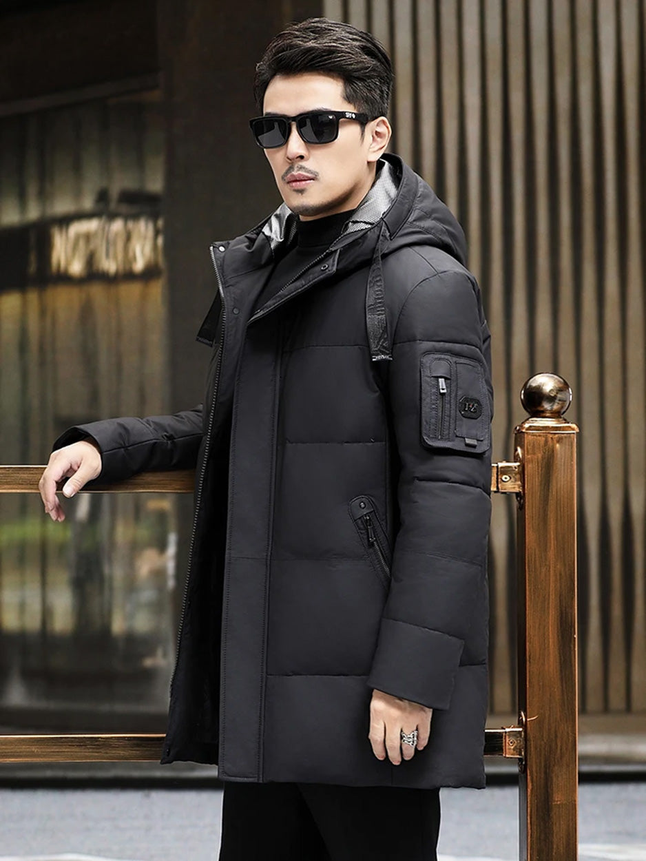 Side view of the cowhide down coat in Abyss, straight silhouette — From Borcelleclothes.