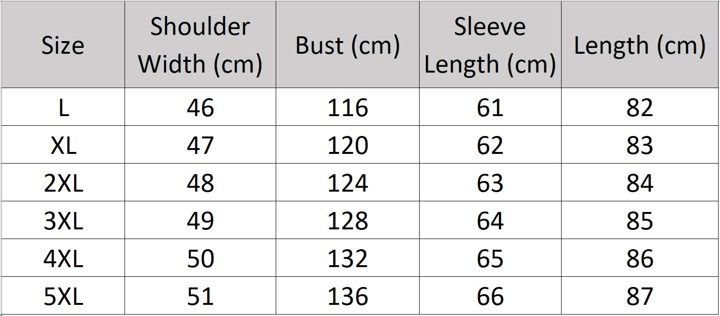 Men's size chart for a Matte cowhide down coat in Abyss, featuring  a wide hood belt, reflective lining, and concealed placket. From Borcelleclothes.