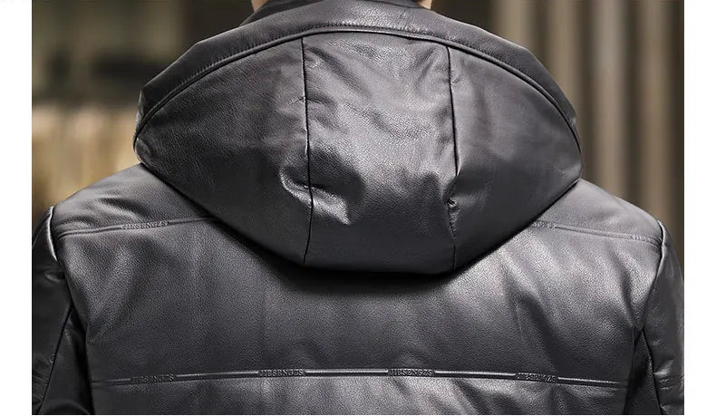 Close-up of the back hood of the Onyx cowhide coat — From Borcelleclothes.