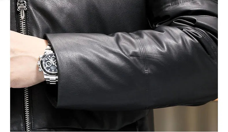 Detail of the sleeve cuff and texture of the embossed cowhide in Onyx. — From Borcelleclothes.