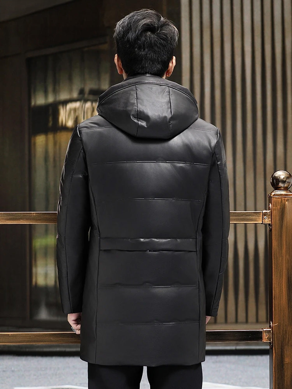 Back view of the Onyx cowhide down coat highlighting the embossed design and hood construction. — From Borcelleclothes.