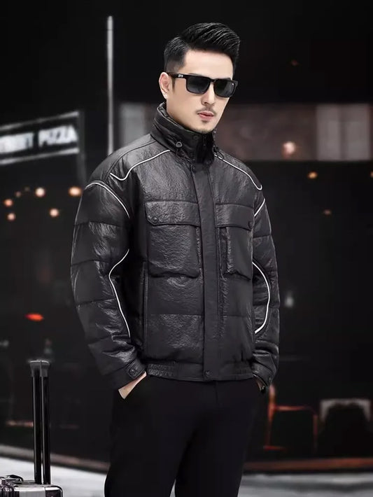 Men’s cowhide jacket in Abyss color with contrast piping trim and curved inner-sleeve insert. Textured compressed leather finish — From Borcelleclothes.