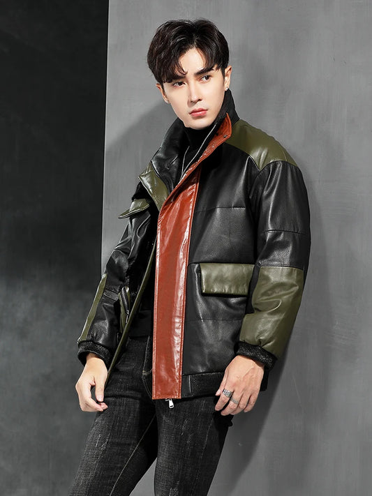 Men’s cowhide jacket with asymmetric overlays in olive and a wide Burnt Sienna placket; ribbed leather hem and multi-pocket construction. — From Borcelleclothes.