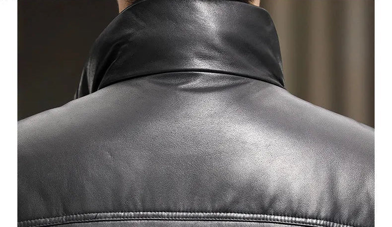Back collar detail of Onyx cowhide jacket with embossed leather finish — From Borcelleclothes.