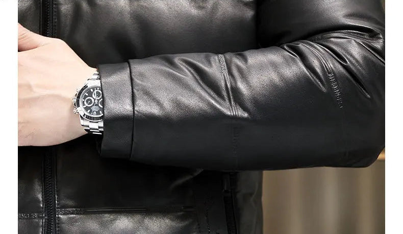 Cuff detail of structured cowhide sleeve with back elastic finish — From Borcelleclothes.