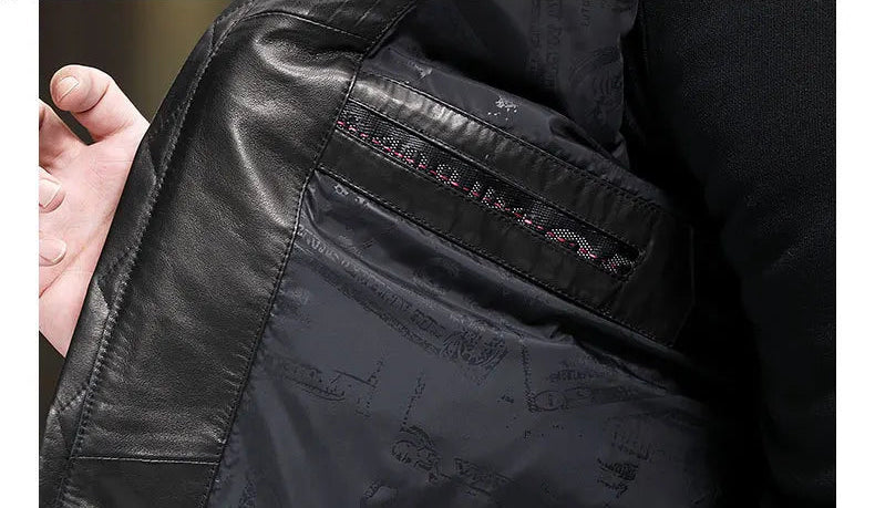 Interior view of Onyx cowhide jacket with smooth polyester lining and down fill — From Borcelleclothes.