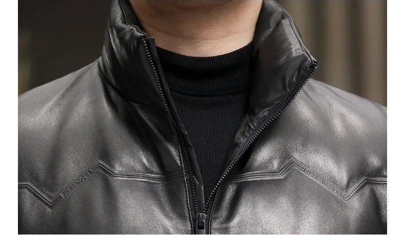 Close-up of unzipped stand collar on cowhide jacket with subtle zigzag front — From Borcelleclothes.