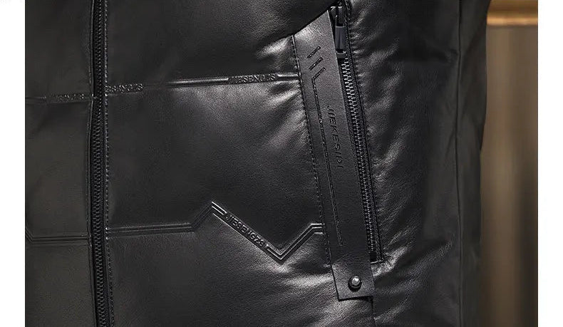 Close-up of welt and zippered pockets on angled leather panel — From Borcelleclothes.