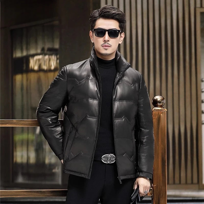 Men's cowhide leather jacket featuring embossed zigzag front detail with lettering, styled with a stand collar and side pockets. - From Borcelleclothes.