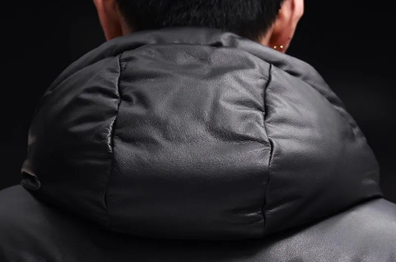 Back view of hood on men’s leather coat in Onyx. From Borcelleclothes.