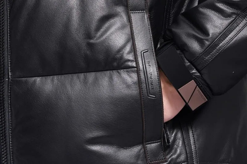 Men’s cowhide leather coat in Onyx, model placing hand in pocket. From Borcelleclothes.