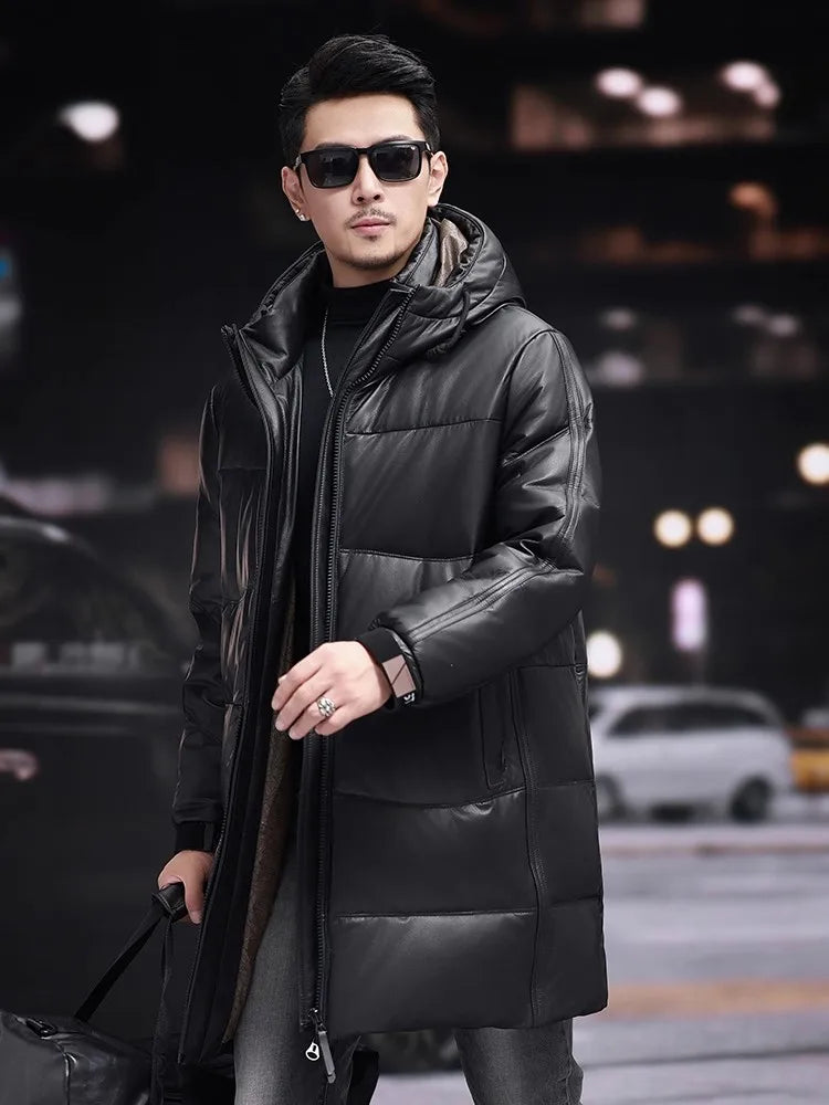 Model in motion wearing cowhide leather coat in Onyx with sculpted collar-hood. From Borcelleclothes.