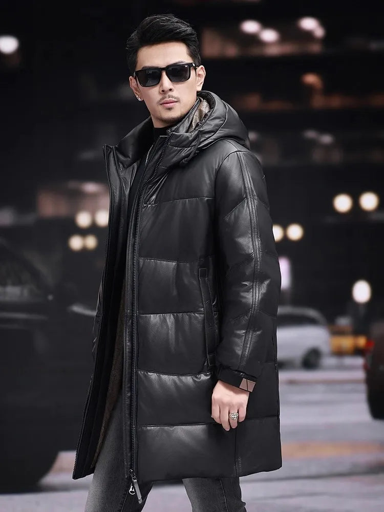 Side profile of men’s leather coat in Onyx showing silhouette and detailing. From Borcelleclothes.