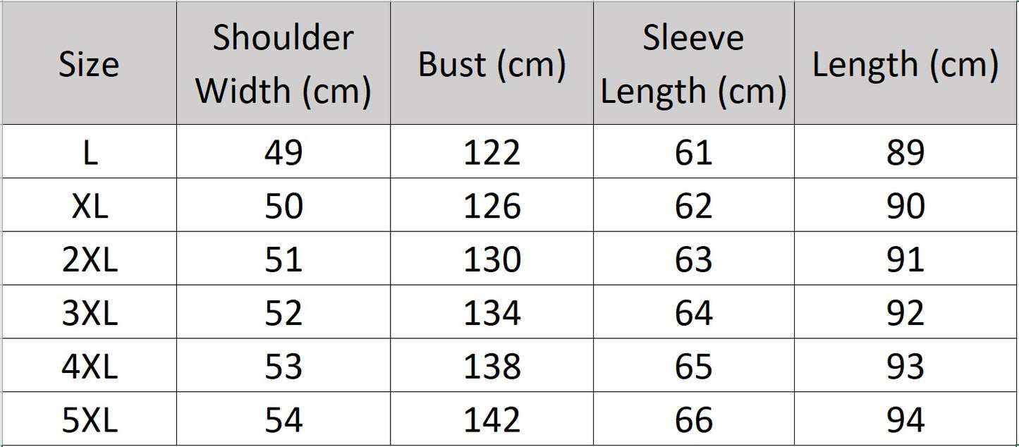 Men’s size chart for a leather down coat in Onyx — featuring a sculpted stand collar integrated into a hood, side zip pockets, and matte metal-detailed cuffs. From Borcelleclothes.