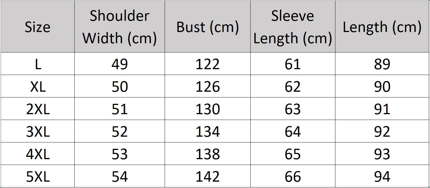 Men’s size chart for a leather down coat in Onyx — featuring a sculpted stand collar integrated into a hood, side zip pockets, and matte metal-detailed cuffs. From Borcelleclothes.