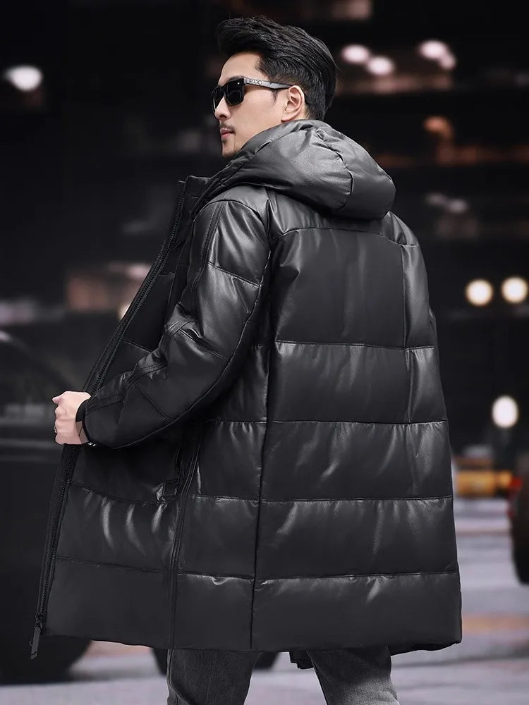 Unzipped leather coat in Onyx, model shown from the back. From Borcelleclothes.