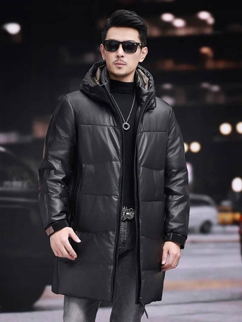 Men’s cowhide leather coat with unified collar-hood in Onyx, unzipped, model standing straight. From Borcelleclothes.