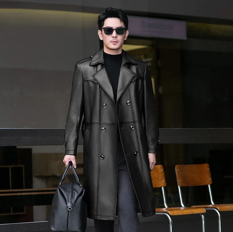Men’s cowhide leather trench coat in Onyx, double-breasted with belt, storm flaps, and shoulder tabs — timeless outerwear from Borcelleclothes.
