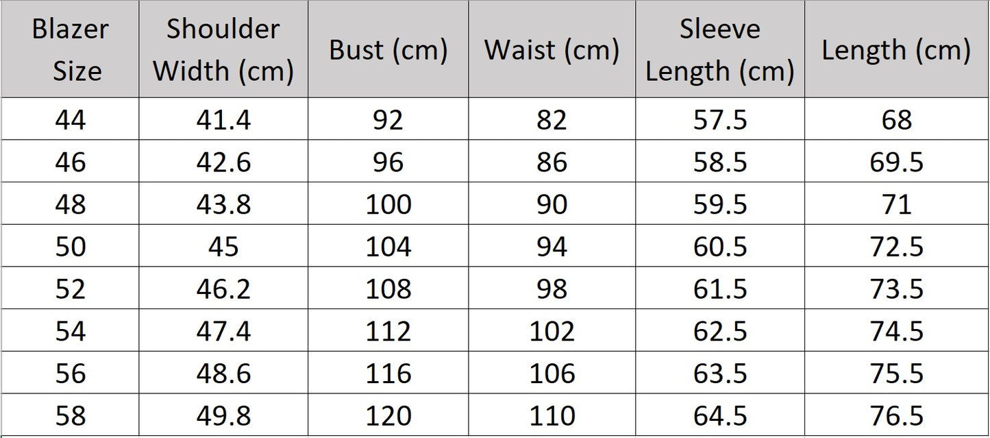 Men’s size chart for a blazer of the three-piece suit in Davy Grey with double-breasted blazer and peaked lapels — a soft, structured take on modern formality. From Borcelleclothes.