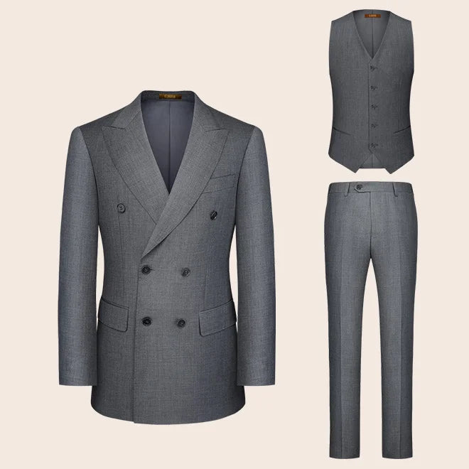 Three-piece version of the Davy Grey suit, including blazer, vest, and trousers — a complete yet weightless formality. From Borcelleclothes.