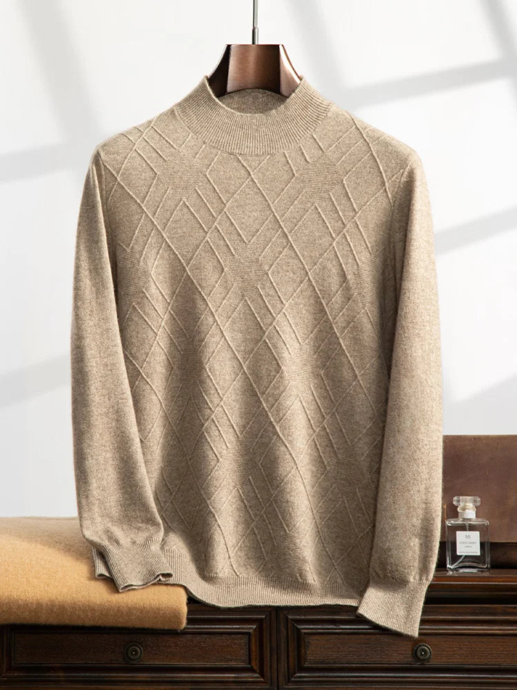 Men’s cashmere sweater in Dark Vanilla, with a diamond-stitch pattern across the chest; each rhombus contains a cross-shaped structure with a central purl-knit center — From Borcelleclothes.