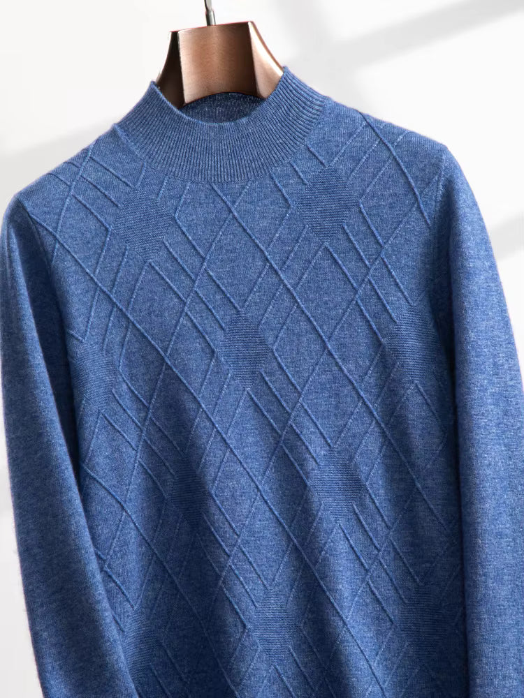 Men’s diamond-stitch cashmere sweater in Dusky Blue color, gently draped to reveal rhythm of the knit — From Borcelleclothes.