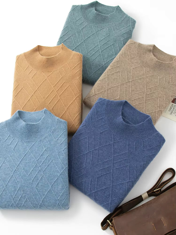 Folded men’s diamond-stitch cashmere sweaters in Lion, Dark Vanilla, Dusky Blue, and Tropical Sea — From Borcelleclothes.