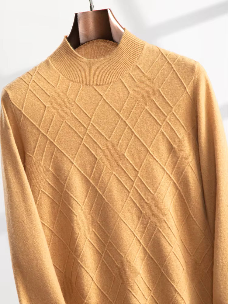 Men’s diamond-stitch cashmere sweater in Lion color, softly draped to reveal surface and weight — From Borcelleclothes.