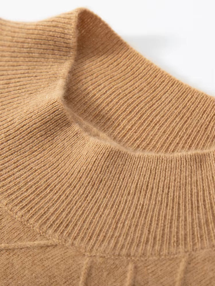 Mock neck detail of men’s diamond-stitch cashmere sweater in Lion color, finished in 1×1 ribbing — From Borcelleclothes.