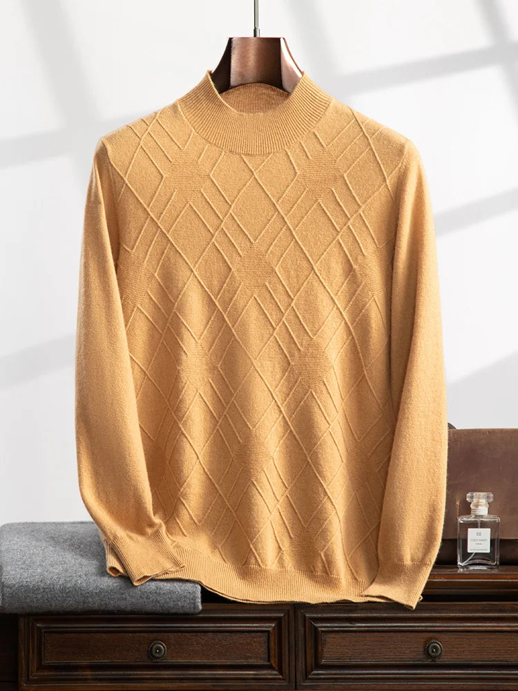 Men’s cashmere sweater in Lion, with a diamond-stitch pattern across the chest; each rhombus contains a cross-shaped structure with a central purl-knit center — From Borcelleclothes.