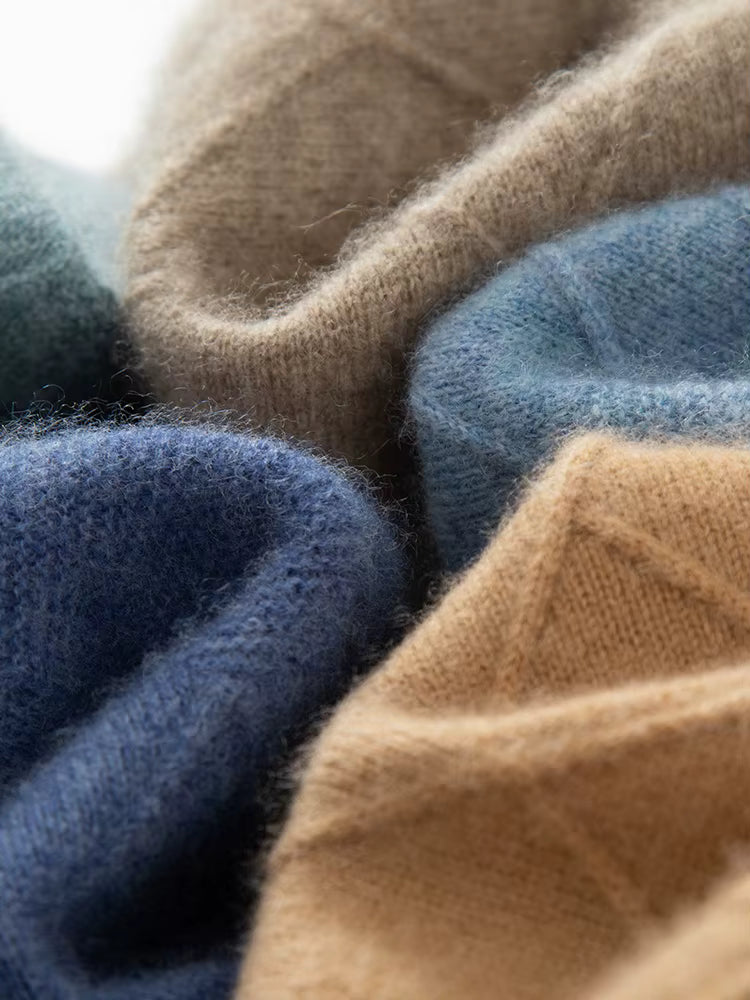 Wave-folded texture of men’s diamond-stitch cashmere sweaters in all four colors, highlighting the raised geometric knit — From Borcelleclothes.