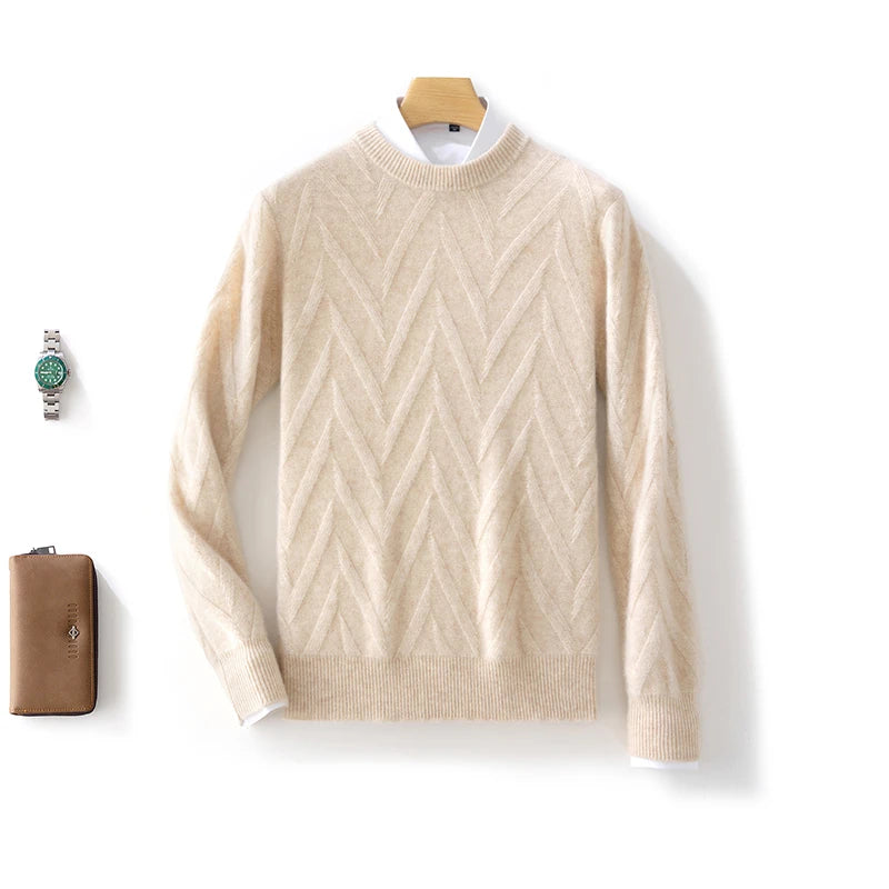 Men's Dimensional Abstract Sprouts Wool Sweater in Almond, featuring a tender pearl stitch base, dimensional abstract sprouts, and ribbed crew neck, cuffs, and hem for a refined, elegant look. From Borcelleclothes.