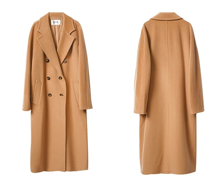 Front and back of the Men’s Double-Breasted Belted Cashmere Coat in Whiskey, highlighting its elegant proportions and timeless tailoring. From Borcelleclothes.