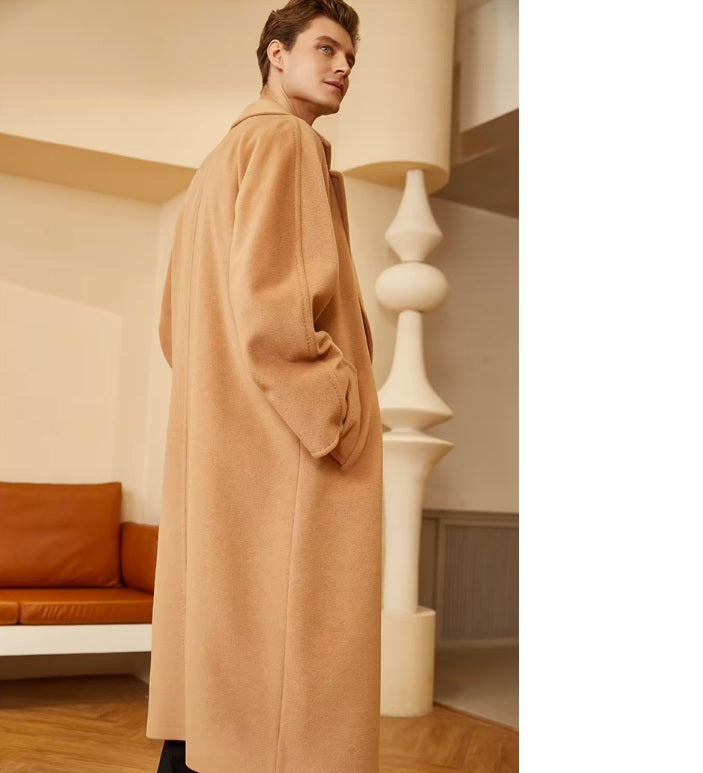 Side and back view of the Men’s Double-Breasted Belted Cashmere Coat in Whiskey, showcasing its smooth drape and sculpted sleeve construction. From Borcelleclothes.