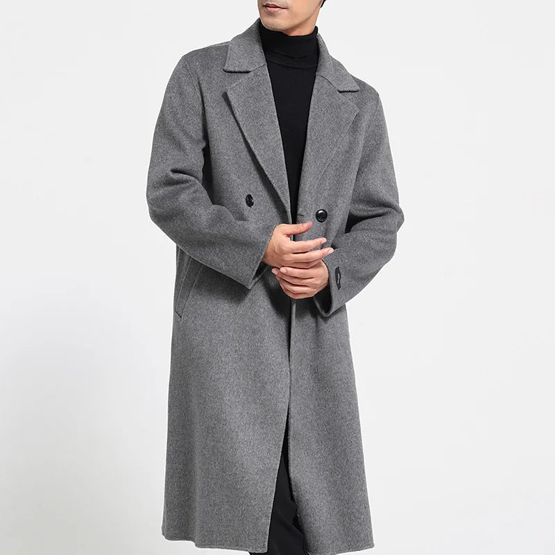 Men’s double-faced wool coat in Concord with notch lapels, double-breasted front, and hand-finished seams—crafted for quiet strength and lasting warmth. From Borcelleclothes.