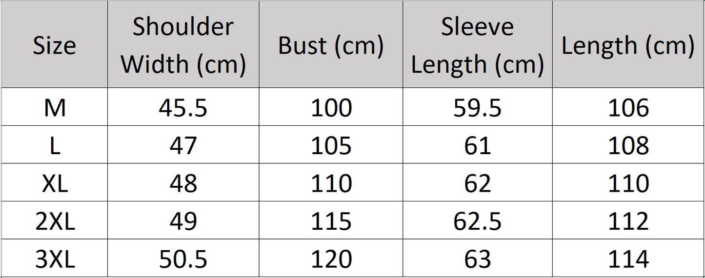 Men’s size chart for a double-faced wool coat with notch lapels, double-breasted front, and hand-finished seams—crafted for quiet strength and lasting warmth. From Borcelleclothes.