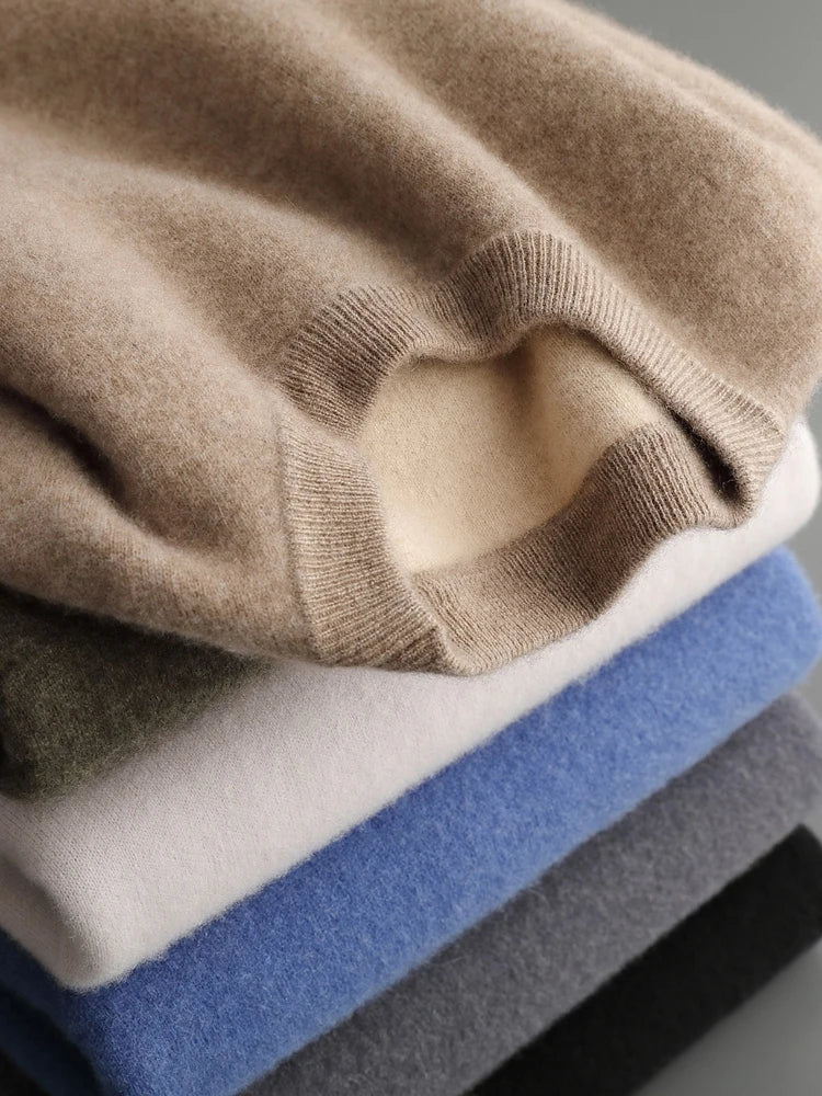 Men’s double-knit cashmere sweaters in Beigewood shown above a stacked tonal collection — From Borcelleclothes.