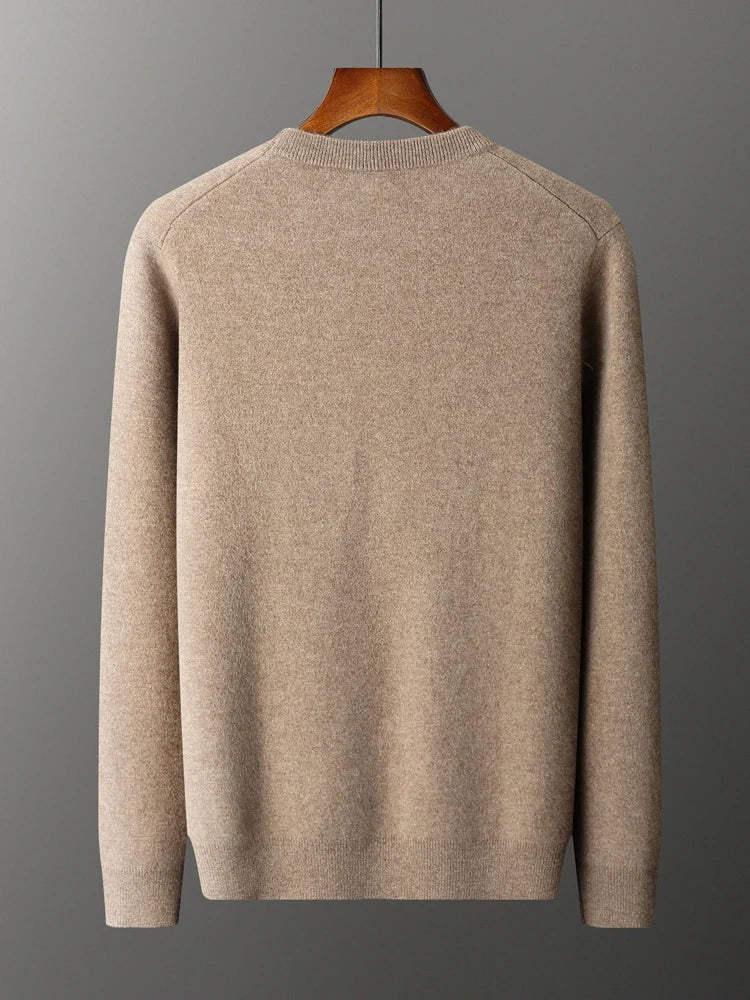 Back draping of the men’s double-knit cashmere sweater in Beigewood — From Borcelleclothes.