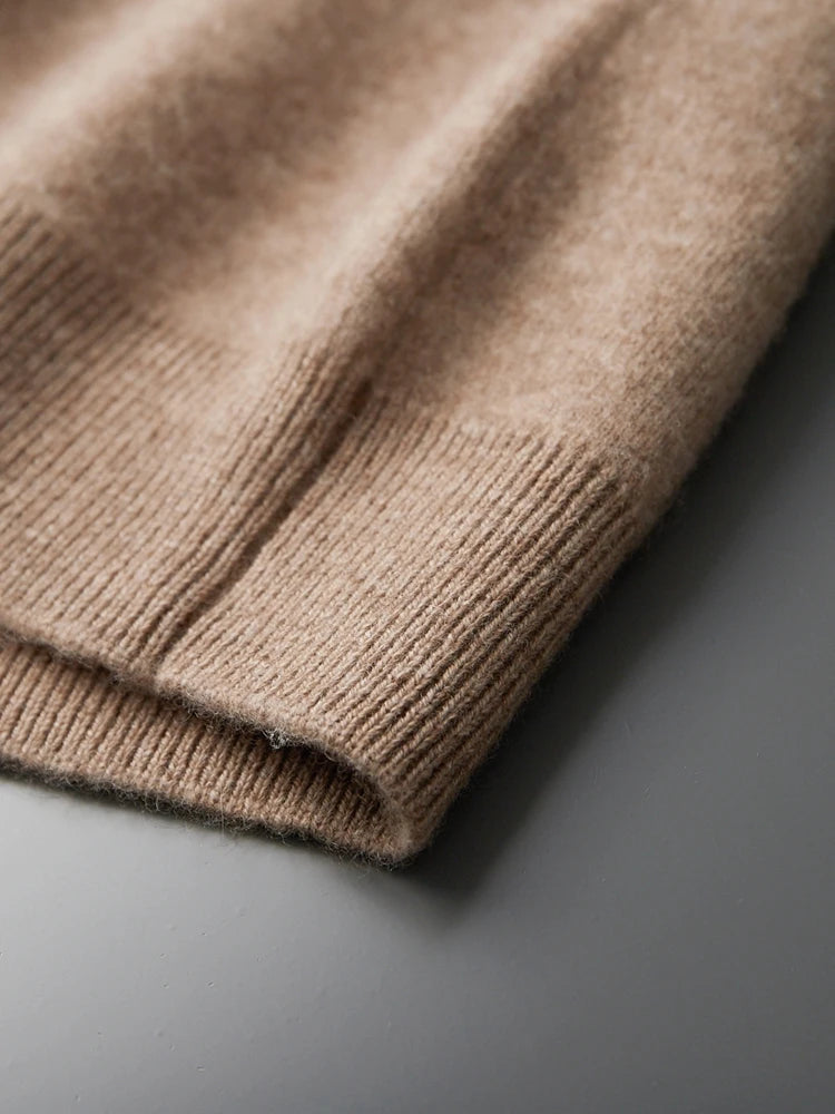 Bottom hem and side seam of men’s double-knit cashmere sweater in Beigewood — From Borcelleclothes.