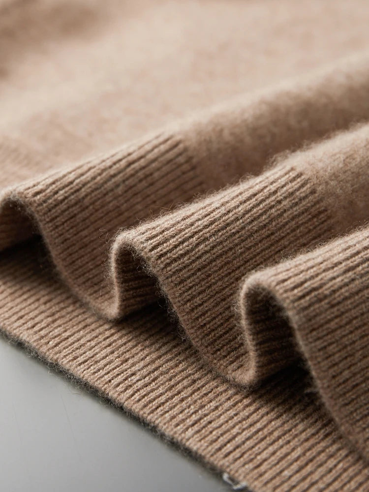 Bottom hem of men’s double-knit cashmere sweater in Beigewood, finished in 1×1 ribbing — From Borcelleclothes.