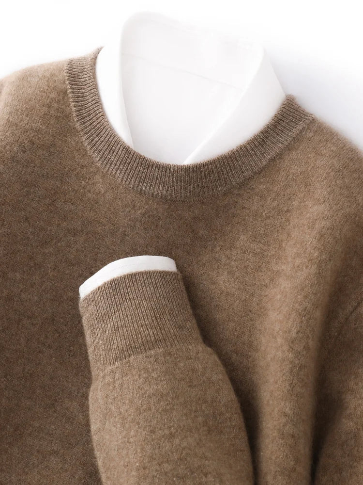 Cuff and crew neck detail of men’s double-knit cashmere sweater in Beigewood, showing tonal harmony and ribbed finishes — From Borcelleclothes.