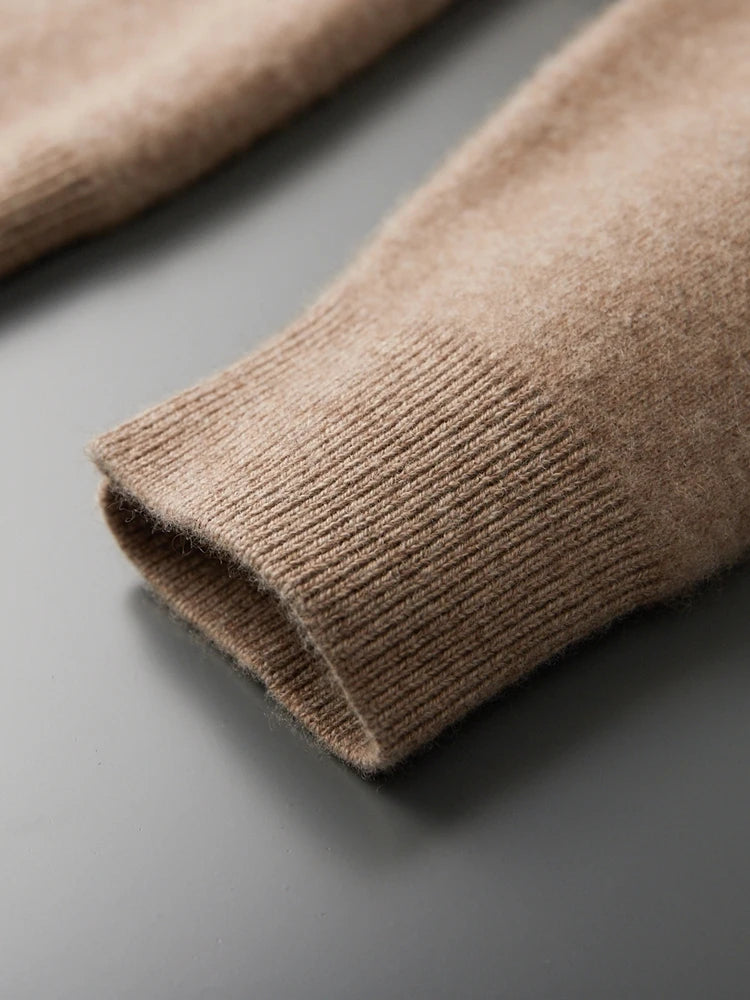 Cuff close-up of men’s double-knit cashmere sweater in Beigewood, finished in fine 1×1 ribbing — From Borcelleclothes.