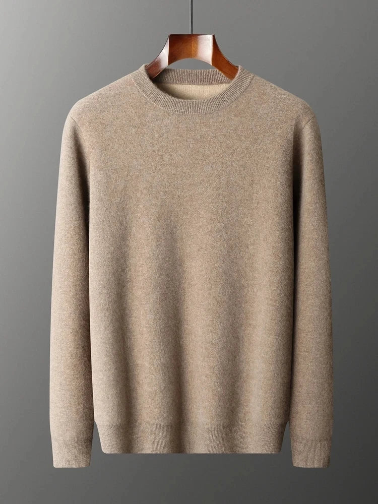 Front draping of the men’s double-knit cashmere sweater in Beigewood, showing natural softness — From Borcelleclothes.