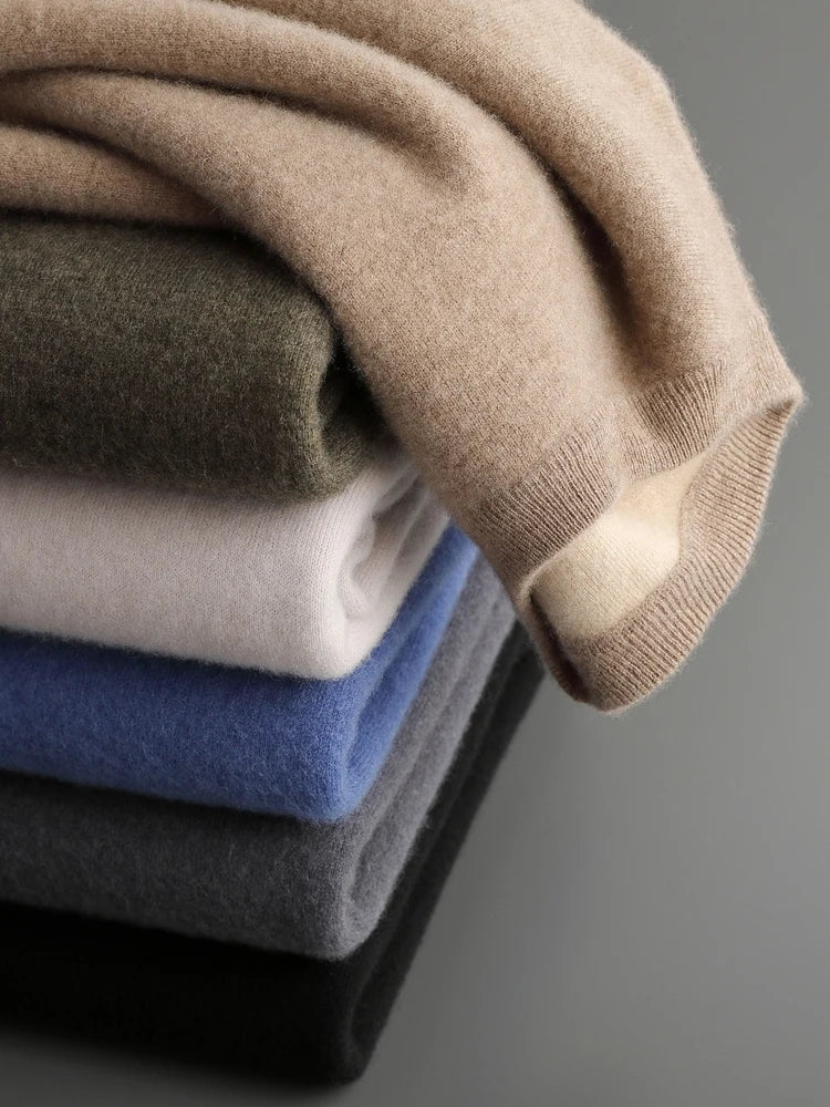 Half-folded Beigewood sweater placed above other colors in the double-knit cashmere collection — From Borcelleclothes.