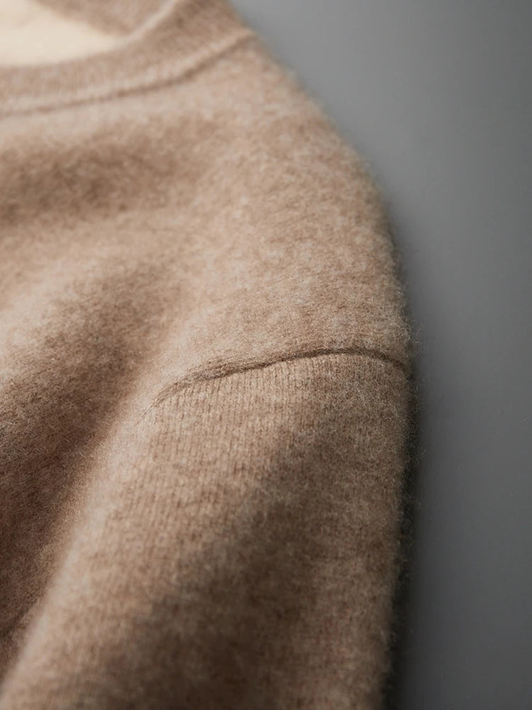 Shoulder detail of men’s double-knit cashmere sweater in Beigewood, highlighting construction and texture — From Borcelleclothes.